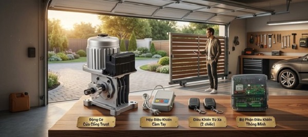 Bộ điều khiển cửa cổng xếp gồm motor, board và remote lắp tại nhà máy