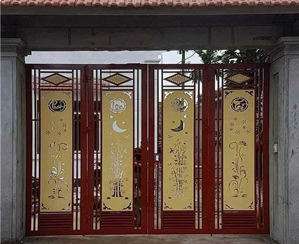 Mẫu 9: Cổng sắt 4 cánh sơn tĩnh điện họa tiết hoa văn nghệ thuật