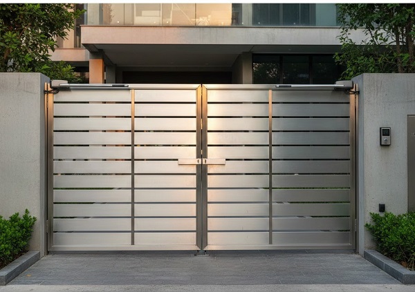 Cổng inox 2 cánh có lắp cửa tự động tiện lợi cho nhà phố, biệt thự có ô tô