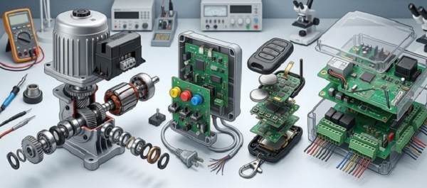 Cấu tạo bộ điều khiển cửa cổng xếp gồm board, motor và remote