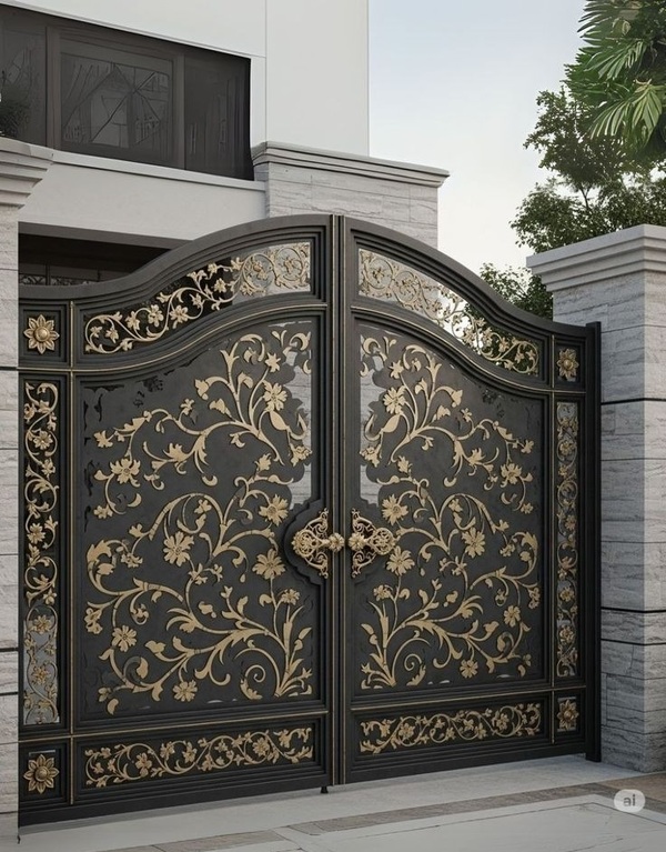 Mẫu cổng 2 cánh kết hợp hoa lá & motif nghệ thuật